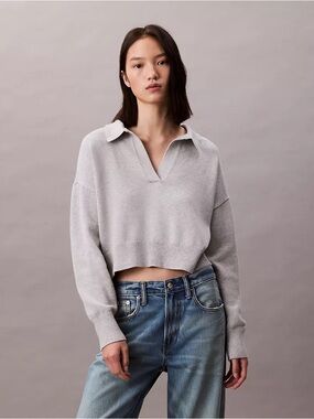Calvin Klein Smooth Cotton Cropped Polo Sweater - Size S
